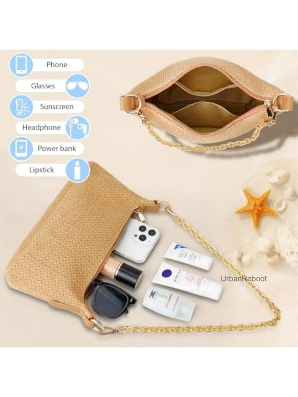 Woven Straw Hobo Shoulder Bag with Charm Chain